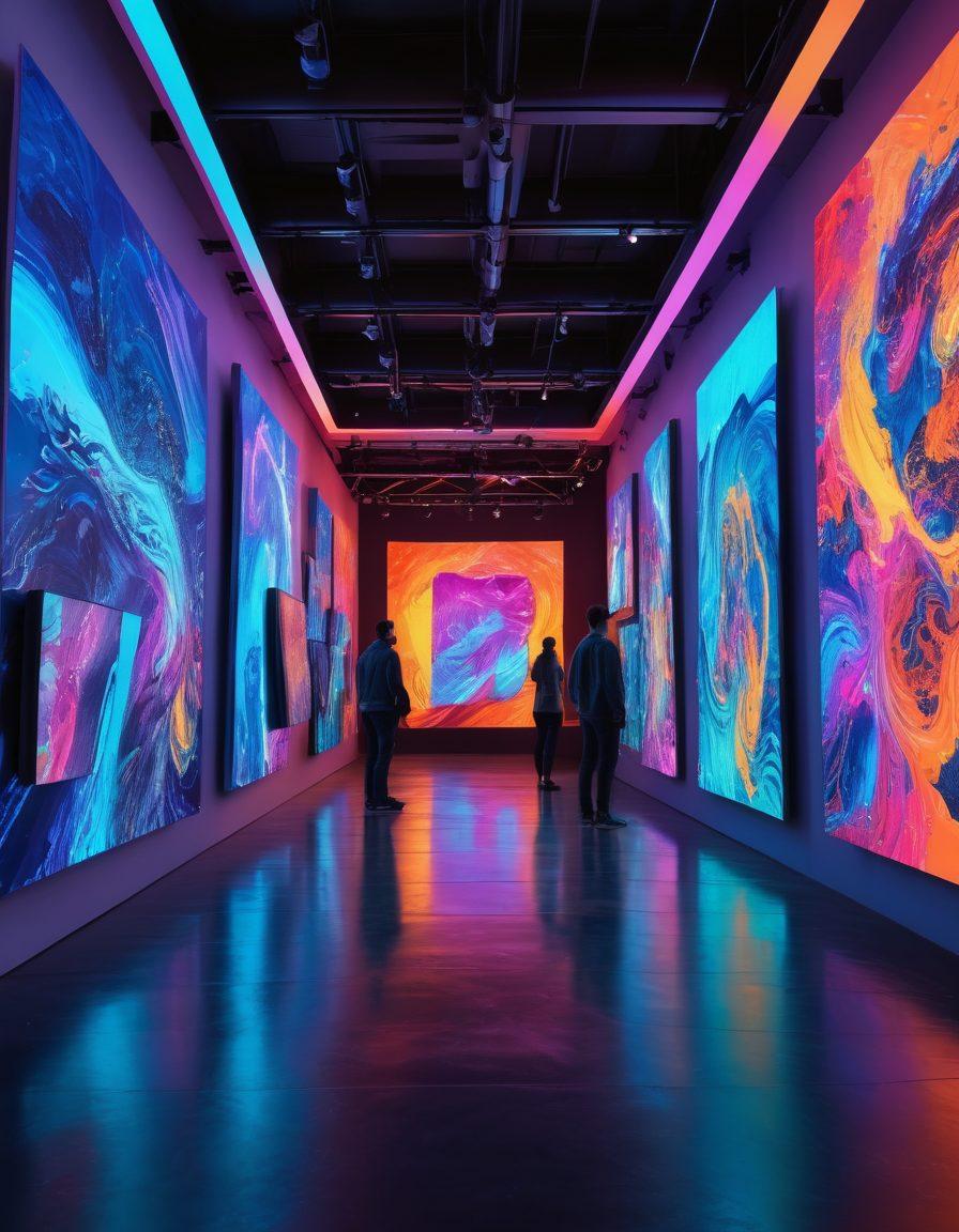 An abstract, futuristic art gallery filled with innovative installations and interactive exhibits, showcasing dynamic light displays and engaging sculptures. Visitors of diverse backgrounds are seen exploring and interacting with the art, their expressions filled with curiosity and awe. The gallery walls are adorned with vivid, modern artworks that create a harmonious blend of technology and creativity. The atmosphere is vibrant and immersive, inviting viewers into this visionary space. digital art. futuristic style. vibrant colors. 3D effects.