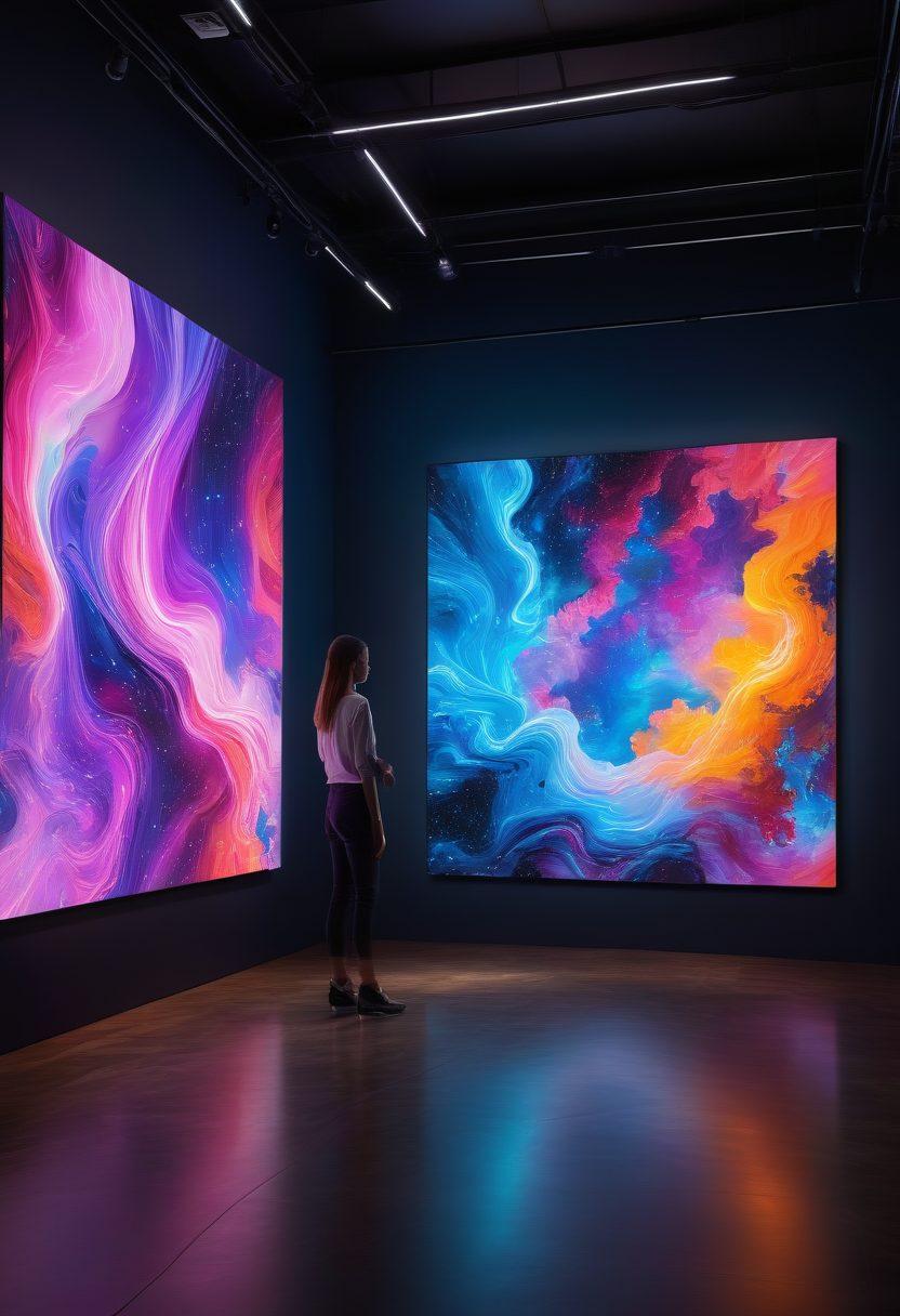 A visually striking blend of contemporary and digital art elements, featuring a futuristic gallery space with holographic displays and vibrant digital paintings on the walls. Include diverse art enthusiasts interacting with augmented reality installations, showcasing a harmonious fusion of technology and creativity. Atmospheric lighting that highlights the artworks, creating a dynamic and engaging ambiance. super-realistic. vibrant colors. futuristic. 3D.