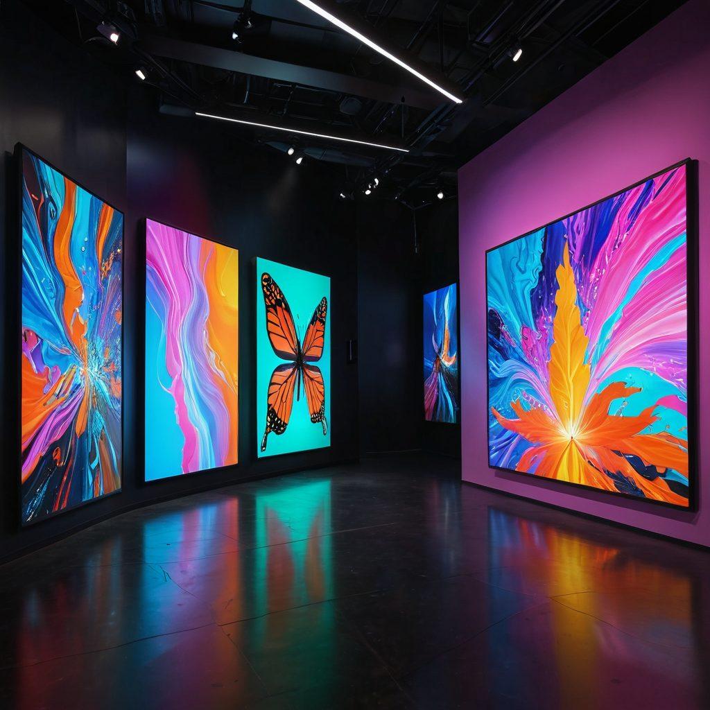 An expansive digital canvas filled with vibrant, eclectic online art pieces displayed in a sleek virtual gallery. Showcase diverse artworks, including abstract, surreal, and modern styles, with glowing frames and interactive features. Include a futuristic background that symbolizes the digital world, with hints of technology like holographic displays or augmented reality effects. Capture the essence of creativity and innovation in an online setting. super-realistic. vibrant colors. 3D.